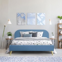 SVEA Lit adulte scandinave - Velours Bleu - Sommier inclus - 160 x 200 cm