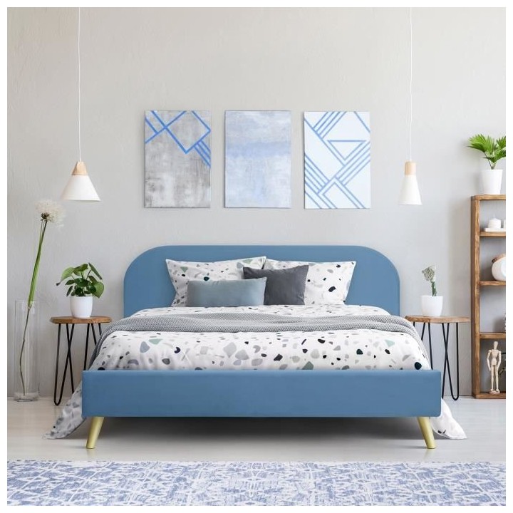 SVEA Lit adulte scandinave - Velours Bleu - Sommier inclus - 160 x 200