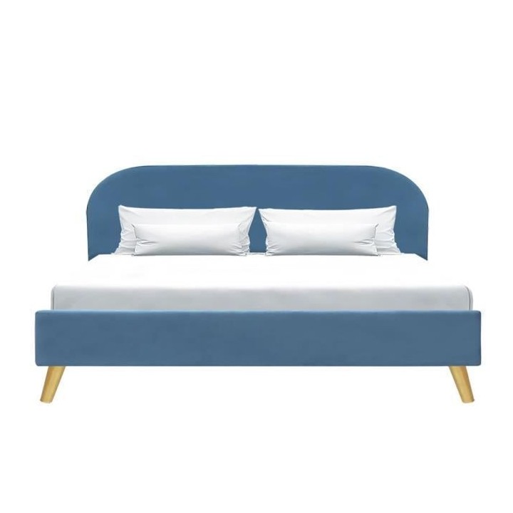 SVEA Lit adulte scandinave - Velours Bleu - Sommier inclus - 160 x 200