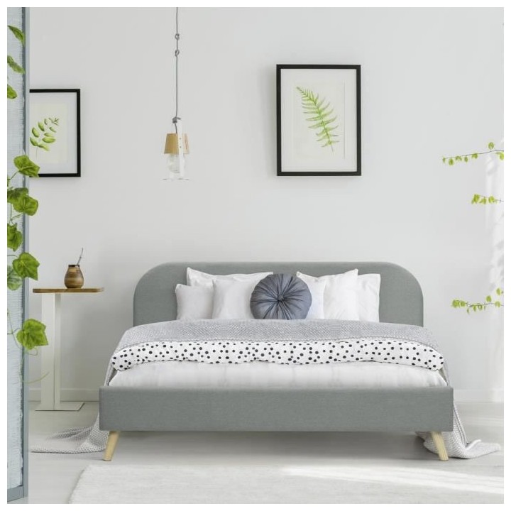 SVEA Lit adulte 160x200 cm - Scandinave - Tissu Gris clair - Sommier i
