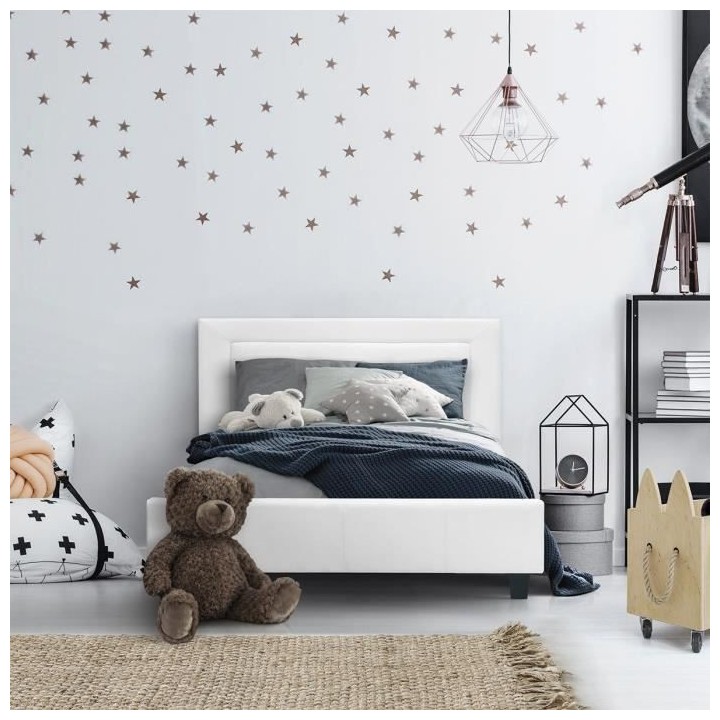 EDOUARD Lit enfant contemporain- Simili Blanc - Sommier inclus - 90 x