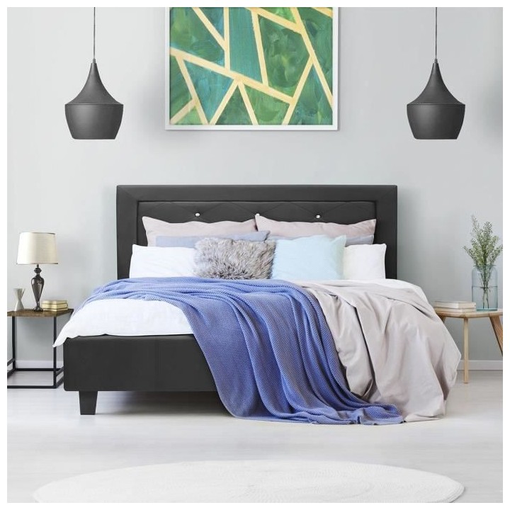 EDOUARD Lit adulte contemporain - Simili Noir - Sommier inclus - 140 x