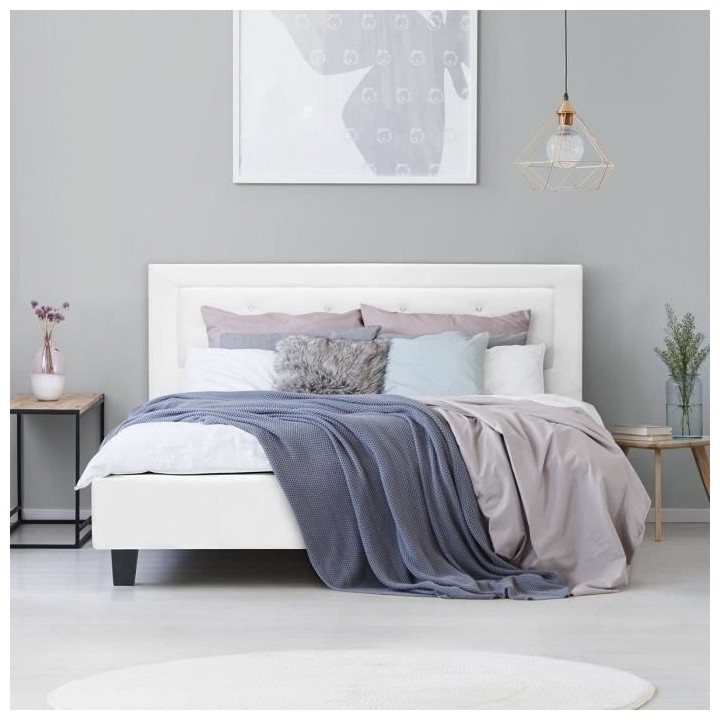 EDOUARD Lit adulte contemporain - Simili Blanc - Sommier inclus - 160