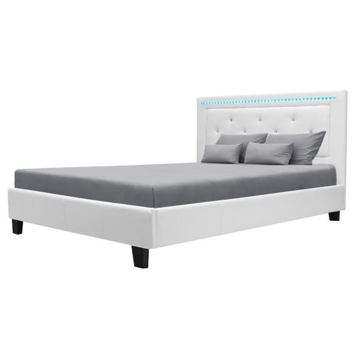 Lit adulte contemporain EDOUARD - 140 x 190 cm - Simili Blanc - System