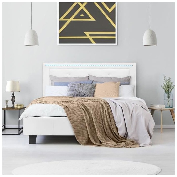Lit adulte contemporain EDOUARD - 140 x 190 cm - Simili Blanc - System