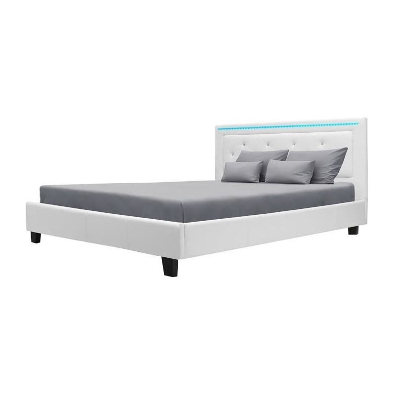 Lit adulte contemporain EDOUARD - 160 x 200 cm - Simili - Blanc - Systeme d'éclairage LED - Sommier inclus