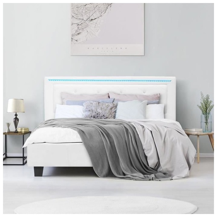 Lit adulte contemporain EDOUARD - 160 x 200 cm - Simili - Blanc - Syst