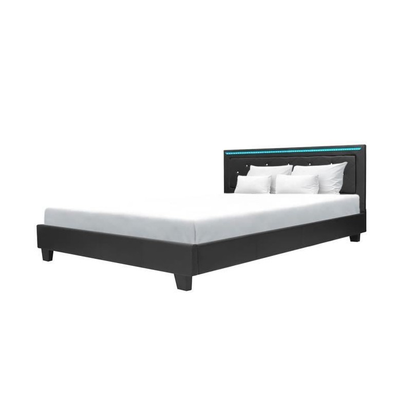 Lit adulte contemporain EDOUARD - 180 x 200 cm - Simili Noir - Systeme d'éclairage LED - Sommier inclus