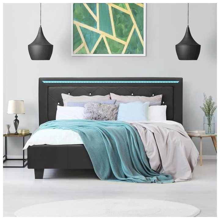 Lit adulte contemporain EDOUARD - 180 x 200 cm - Simili Noir - Systeme