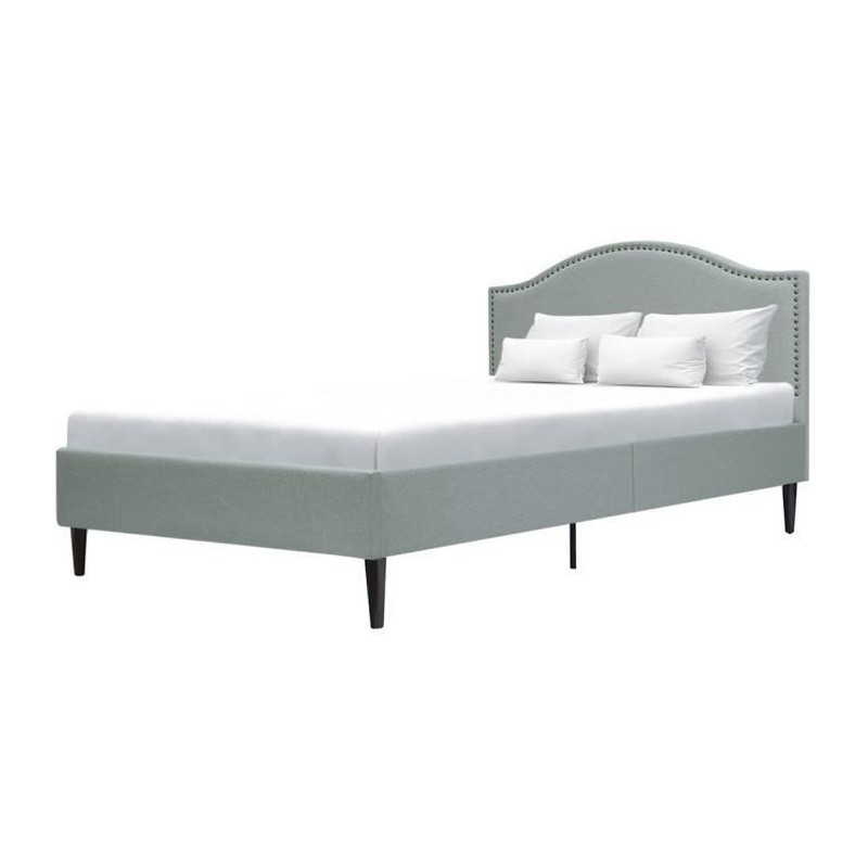 Lit adulte NAILHEADS - 140 x 190 cm - Tissu - Gris clair - Tete de lit cloutée et pieds bois - Sommier inclus