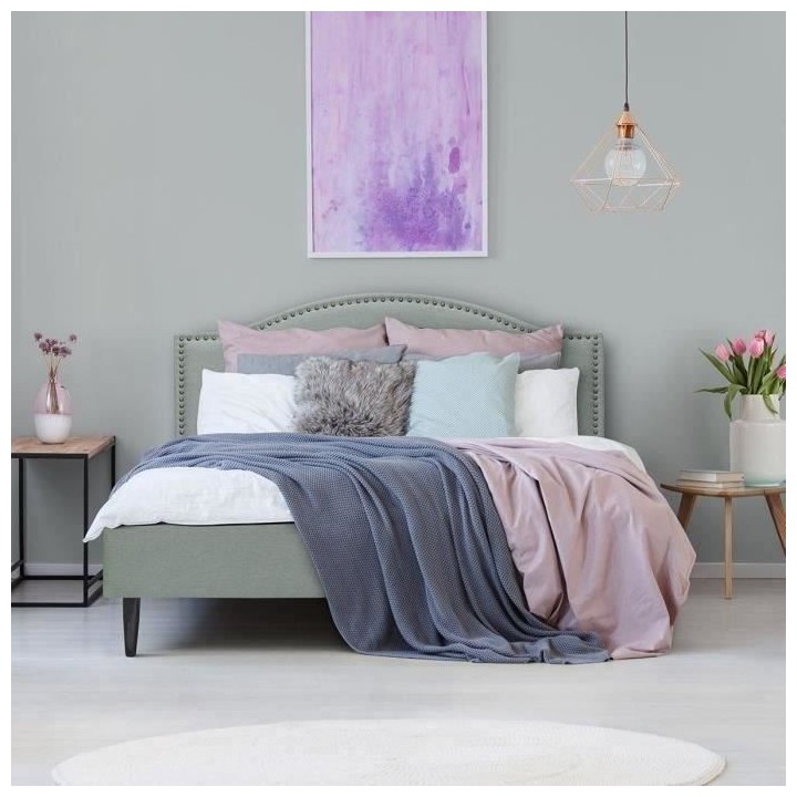 Lit adulte NAILHEADS - 140 x 190 cm - Tissu - Gris clair - Tete de lit