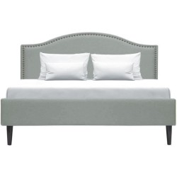 Lit adulte NAILHEADS - 140 x 190 cm - Tissu - Gris clair - Tete de lit cloutée et pieds bois - Sommier inclus