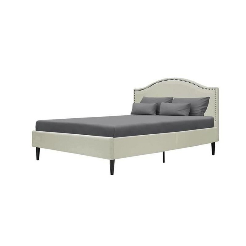 Lit adulte NAILHEADS - 160 x 200 cm - Tissu - Beige - Tete de lit cloutée et pieds bois - Sommier inclus