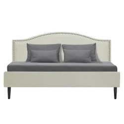 Lit adulte NAILHEADS - 160 x 200 cm - Tissu - Beige - Tete de lit cloutée et pieds bois - Sommier inclus