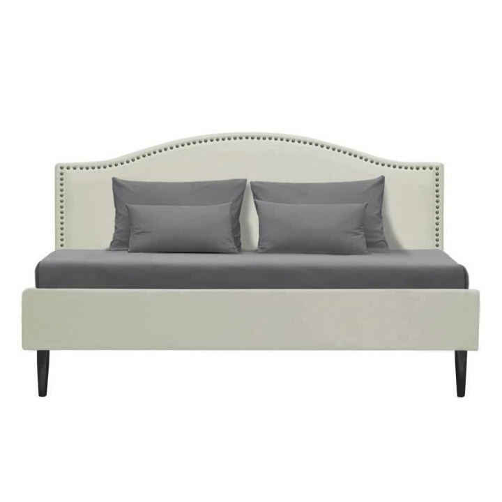 Lit adulte NAILHEADS - 160 x 200 cm - Tissu - Beige - Tete de lit clou