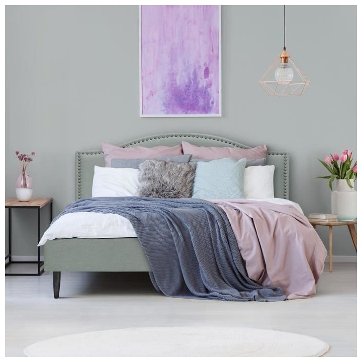 Lit adulte classique NAILHEADS - 160 x 200 cm - Tissu - Gris clair - T