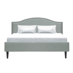 Lit adulte classique NAILHEADS - 160 x 200 cm - Tissu - Gris clair - Tete de lit cloutée et pieds bois - Sommier inclus