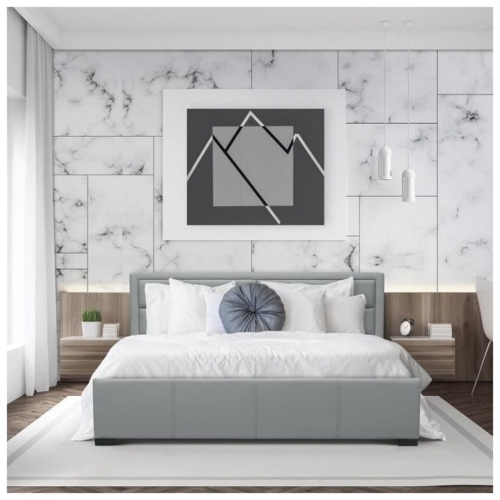 SQUARE Lit coffre adulte 160 x 200 cm - Classique - Simili gris clair