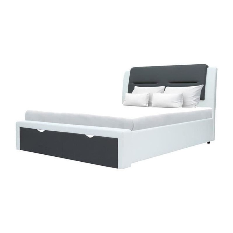 Lit adulte contemporain SCARLETTE - 140 x 190 cm - Simili - Gris foncé/blanc - Tiroirs de rangement - Sommier inclus