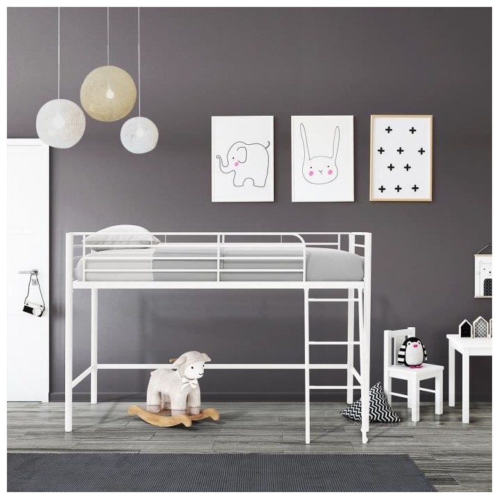 Lit surélevé enfant MID - 90 x 190 cm - Métal - Blanc - Sommier inc