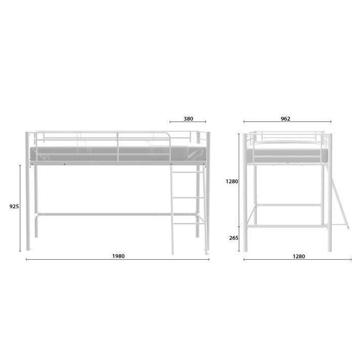 Lit surélevé enfant MID - 90 x 190 cm - Métal - Blanc - Sommier inc