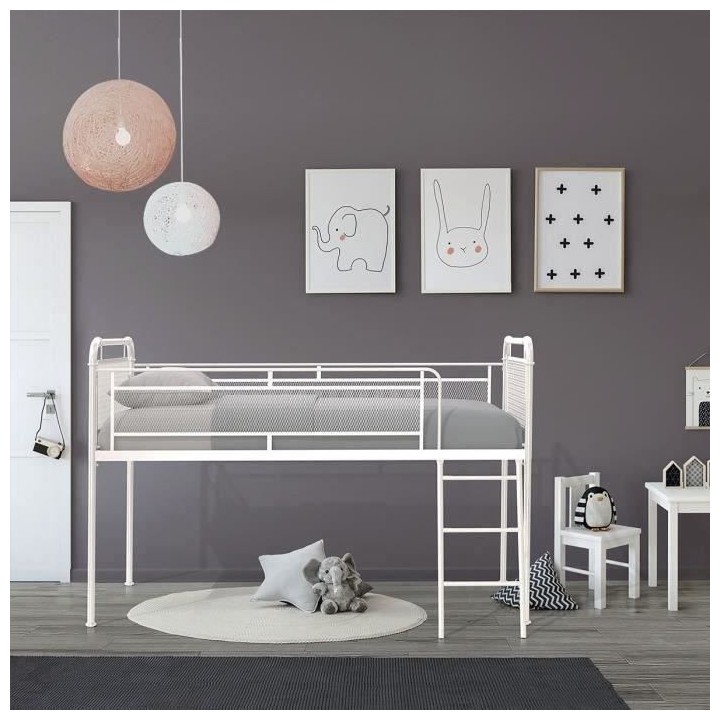 Lit surélevé enfant JULY - 90 x 190 cm - Métal - Gris clair - Sommi