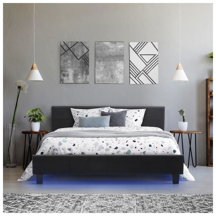 Lit adulte KANSAS 140 x 190 cm - Simili noir - Bande LED - Sommier inc