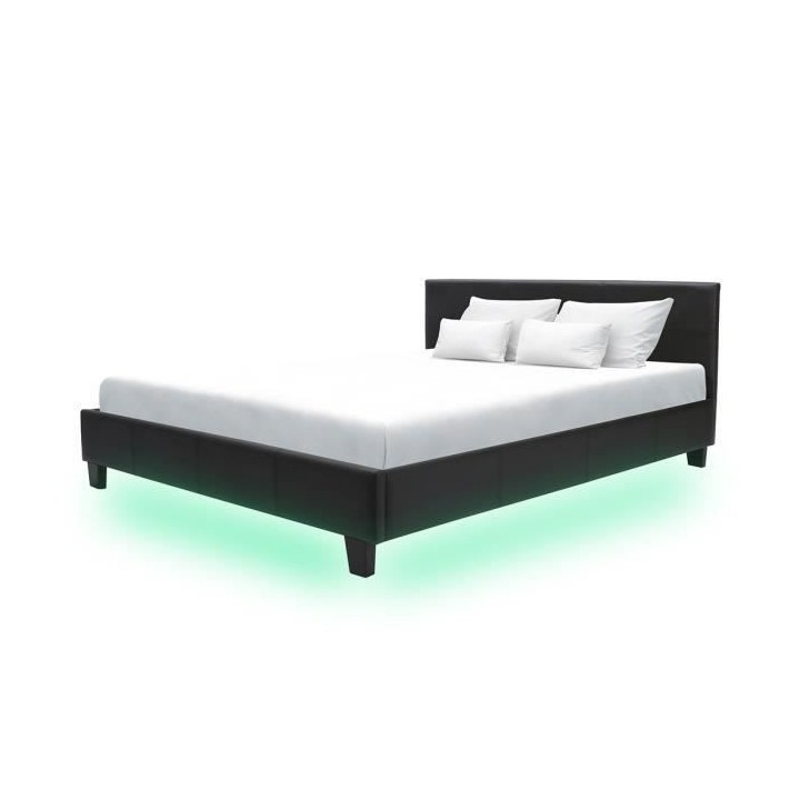 Lit adulte KANSAS 140 x 190 cm - Simili noir - Bande LED - Sommier inc