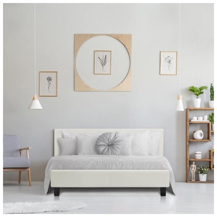 KANSAS Lit adulte 140 x 190 cm - Simili blanc - Sommier inclus