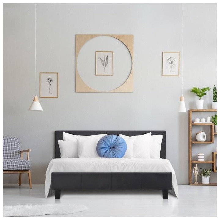 KANSAS Lit adulte 160x200 cm - Simili noir - Sommier inclus