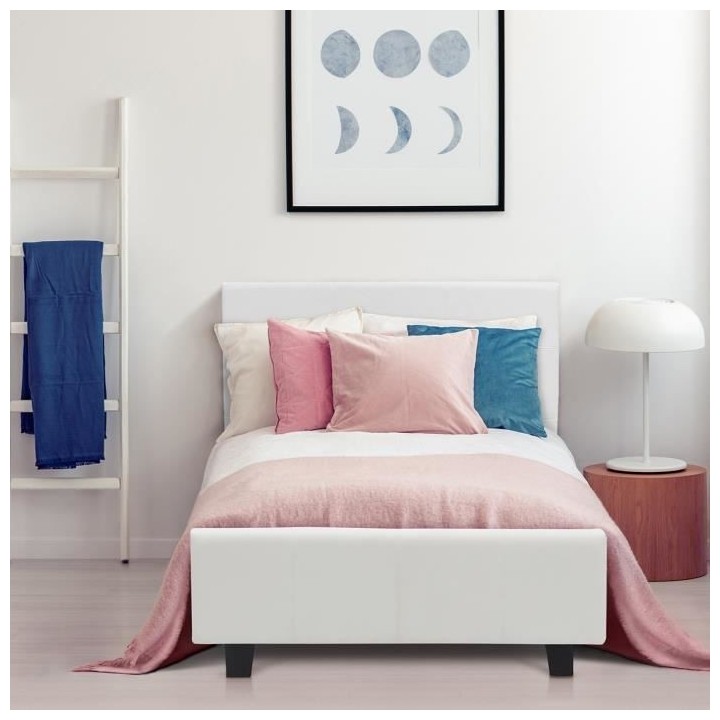 KANSAS Lit adulte ou enfant - Simili blanc - Sommier inclus - 90 x 190