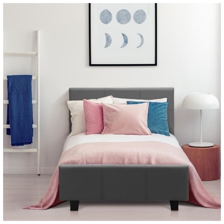 KANSAS Lit enfant 90 x 190 cm - Simili gris argent - Sommier inclus