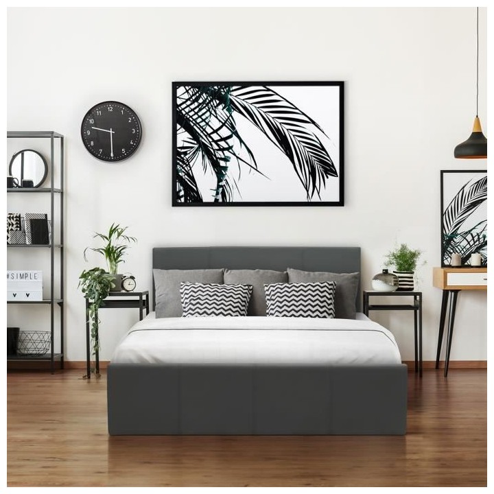 MARTIN Lit adulte 140 x 190 cm + coffre de rangement - Simili gris - S