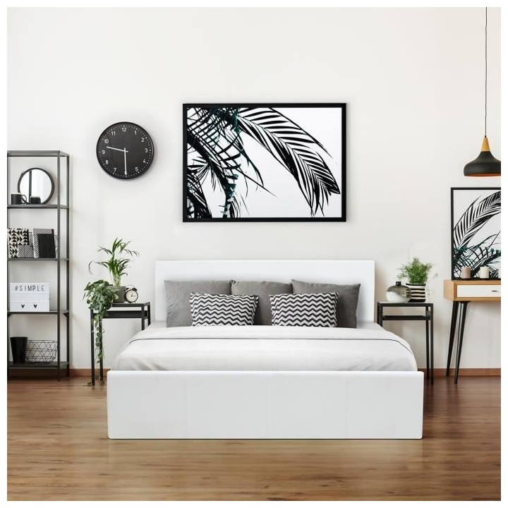 MARTIN Lit adulte + coffre de rangement - Simili blanc - Sommier inclu