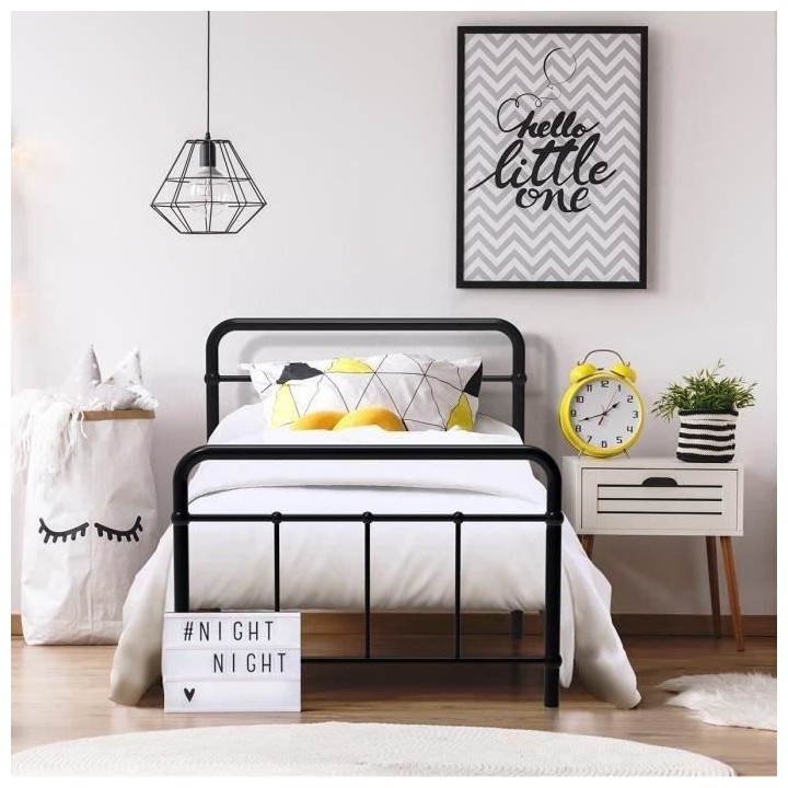 AARON Lit enfant 90 x 190 cm en métal - Noir - Sommier inclus