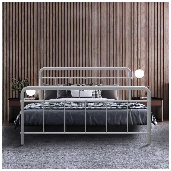 Lit adulte AARON - 160 x 200 cm - Métal - Gris clair - Sommier inclus