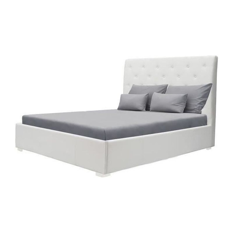 MILES Lit coffre adulte contemporain 140 x 190 cm Tete de lit capitonnée - Simili blanc - Sommier blanc