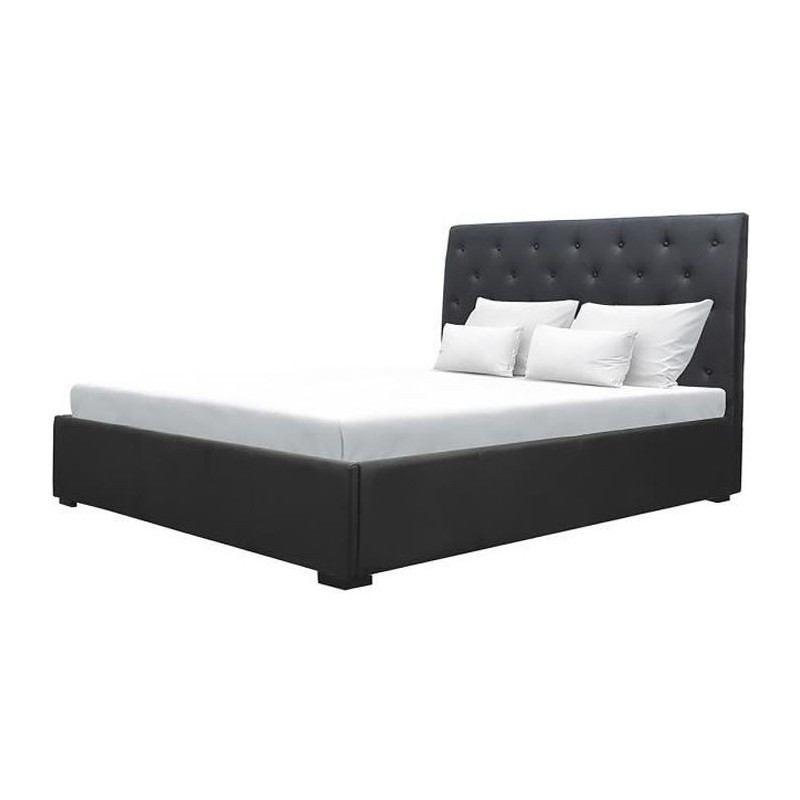 MILES Lit coffre adulte contemporain 160 x 200 cm Tete de lit capitonnée- Simili noir - Sommier inclus