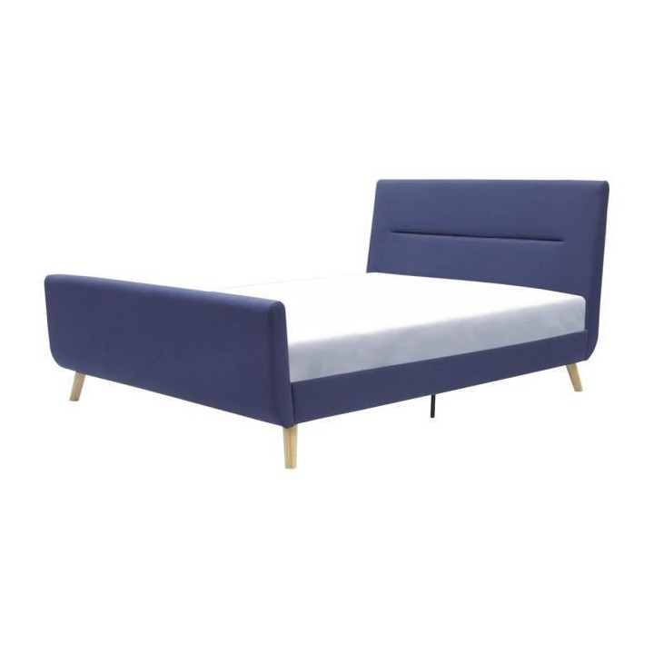 Lit adulte OSCAR - 140 x 190 cm - Tissu - Imitation lin bleu - Sommier