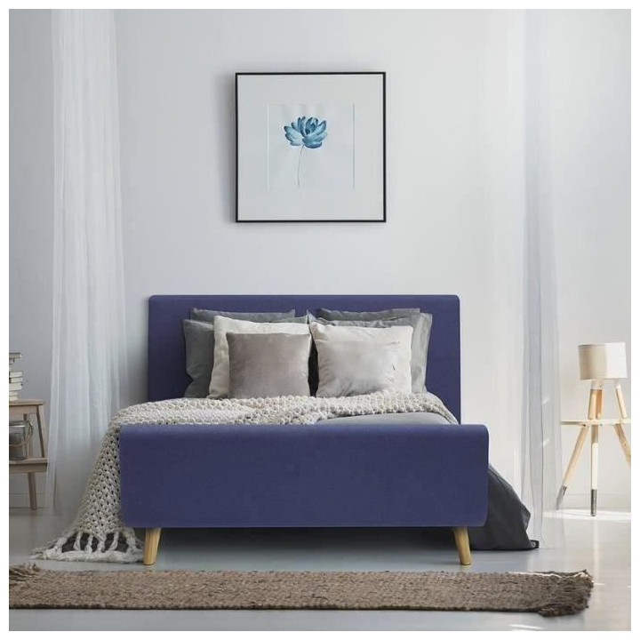 Lit adulte OSCAR - 140 x 190 cm - Tissu - Imitation lin bleu - Sommier