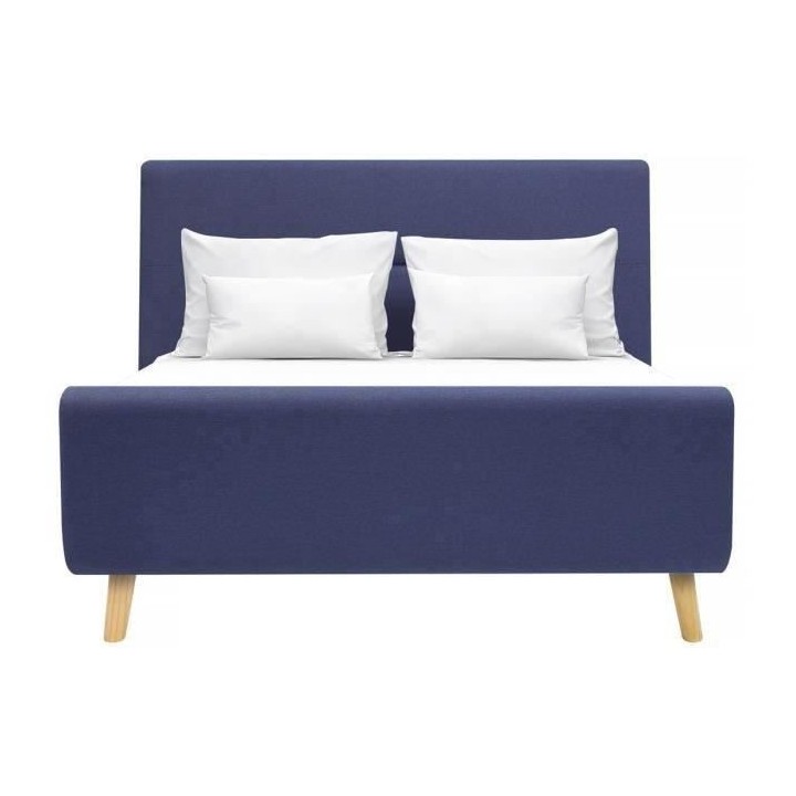 Lit adulte OSCAR - 140 x 190 cm - Tissu - Imitation lin bleu - Sommier