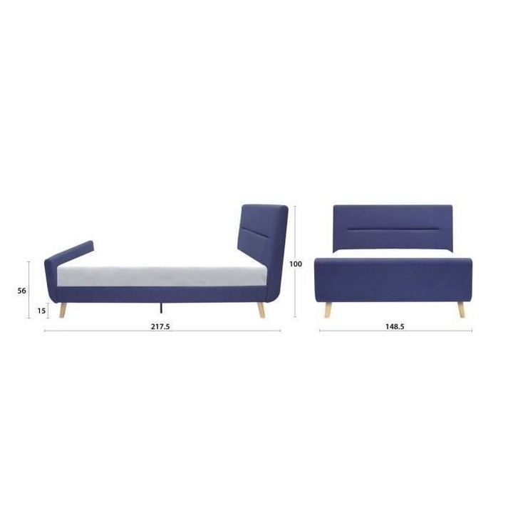 Lit adulte OSCAR - 140 x 190 cm - Tissu - Imitation lin bleu - Sommier
