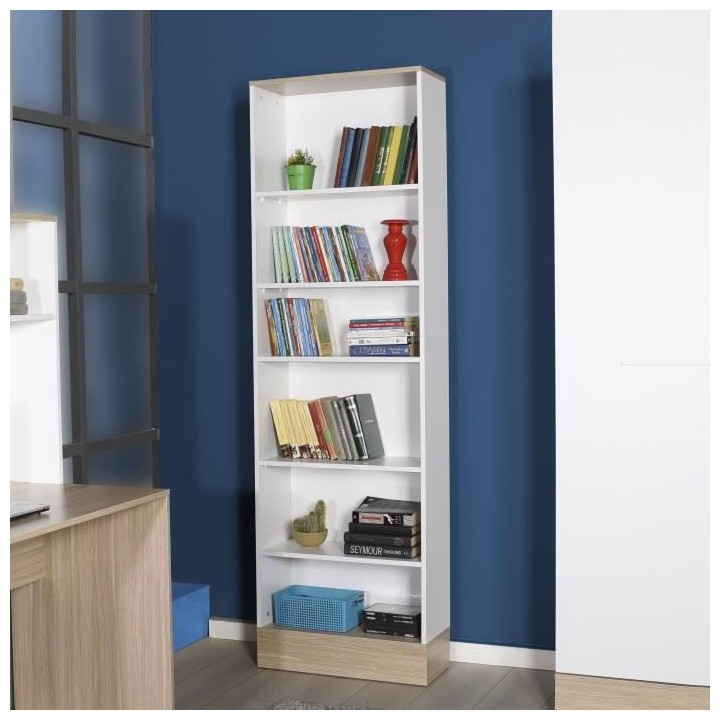 Bibliotheque 5 étageres - Style scandinave - Décor blanc et chene cl