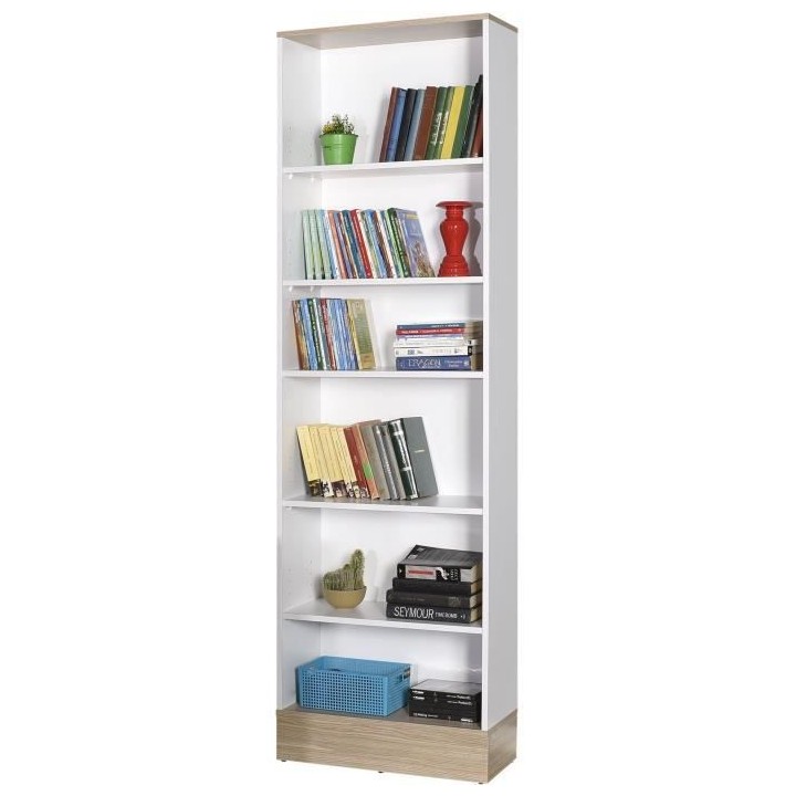 Bibliotheque 5 étageres - Style scandinave - Décor blanc et chene cl