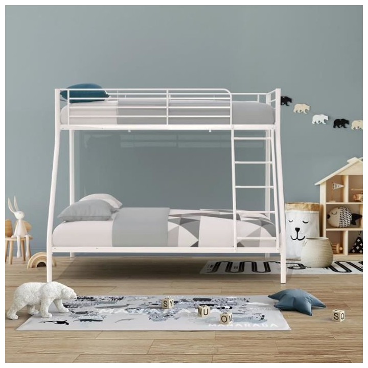 BRUCE Lits superposés - 90/140 x 190 cm - Blanc - En métal - Sommier