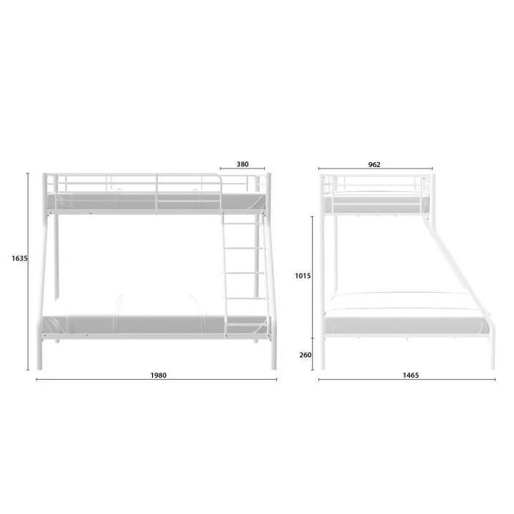 BRUCE Lits superposés - 90/140 x 190 cm - Blanc - En métal - Sommier