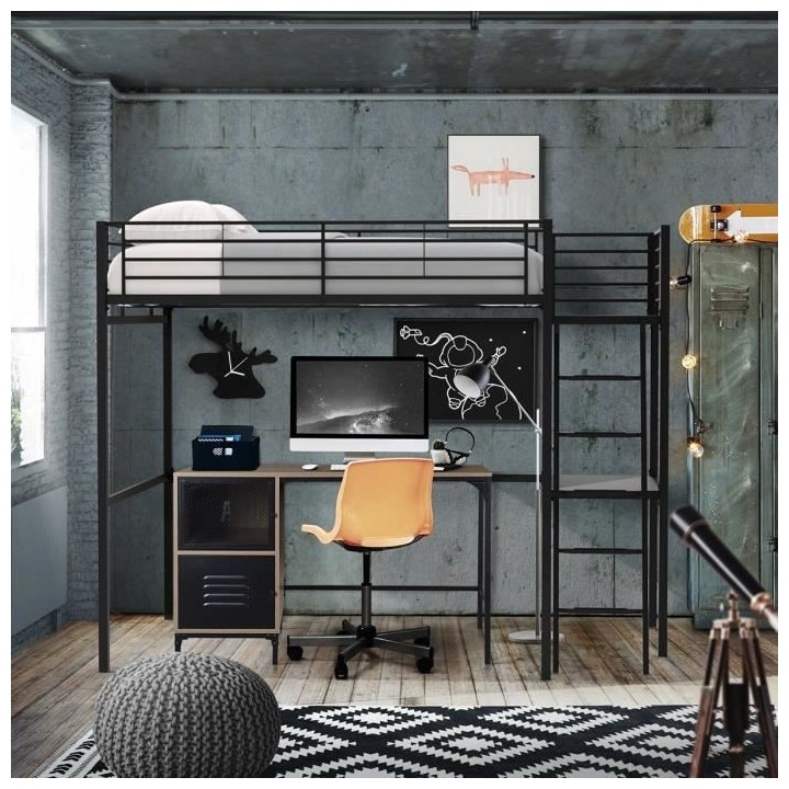 Lit mezzanine avec bureau en métal époxy - Noir - Sommier inclus - 1