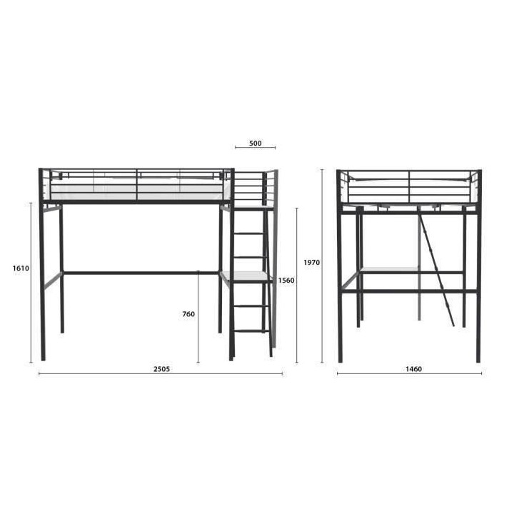 Lit mezzanine avec bureau en métal époxy - Noir - Sommier inclus - 1