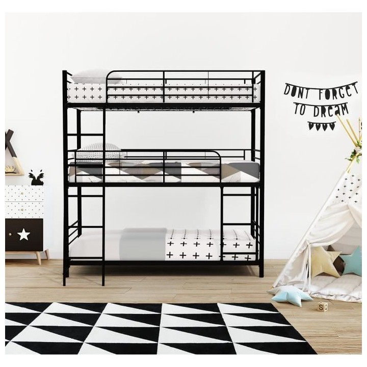 Lits superposés en métal - Noir - Sommiers inclus - 3x90x190 cm - TR