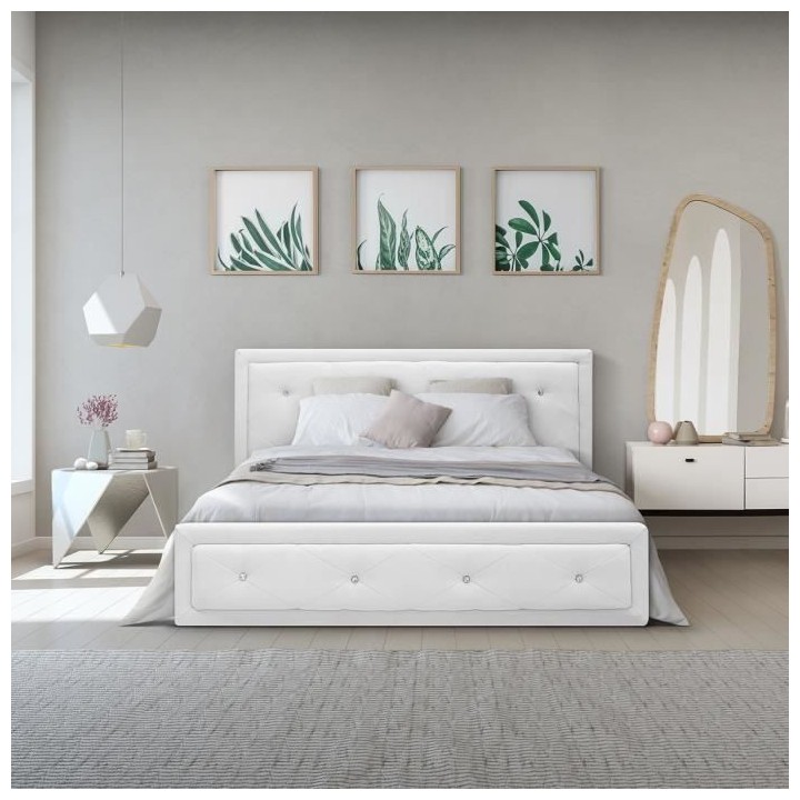 VIRGINIA Lit coffre adulte capitonné 140x190 cm- Simili blanc - Sommi